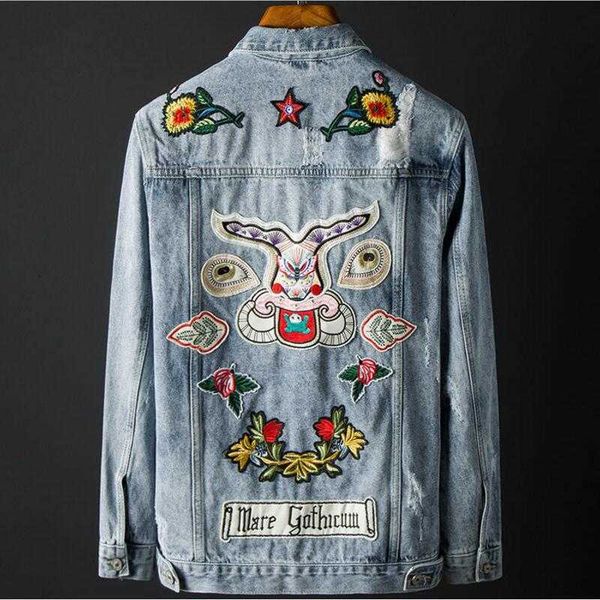 

men's jackets blue denim and coats embroidery holes jeans fashion cotton casual size 3xl bsia, Black;brown