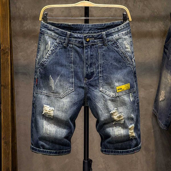 

thin summer cut 5-point jeans shorts men's loose straight fashion large size medium pants tooling brand, Blue