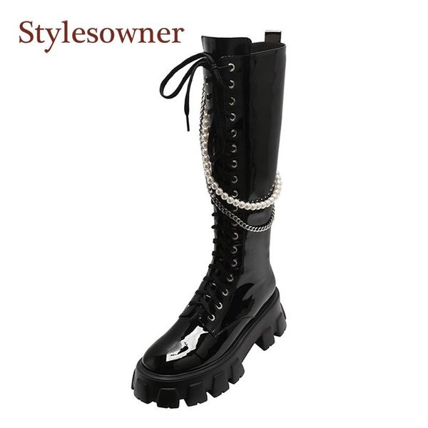 

boots but knee knight 2021 fall/winter round head sponge cake thick-soled cross-lace pearl chain high-tube women's, Black
