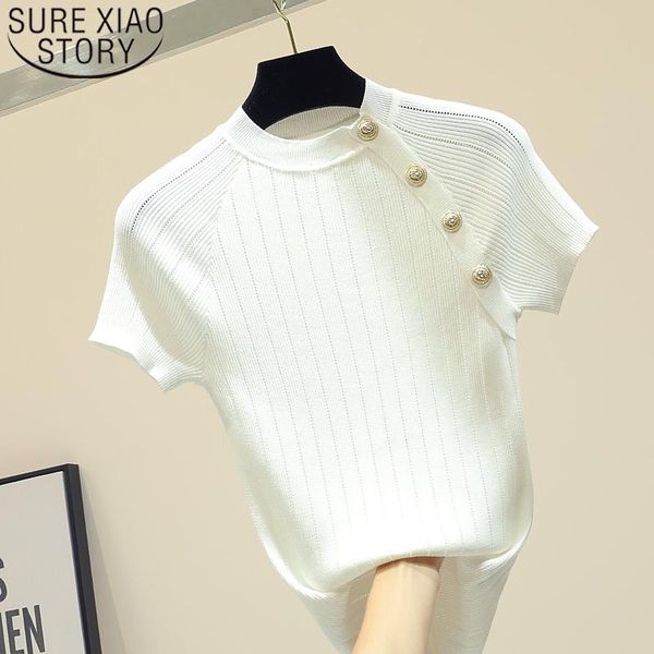 

korean thin knitted white shirts button short sleeve women 2021 summer solid casual shirts female tee shirt femme 8783 50