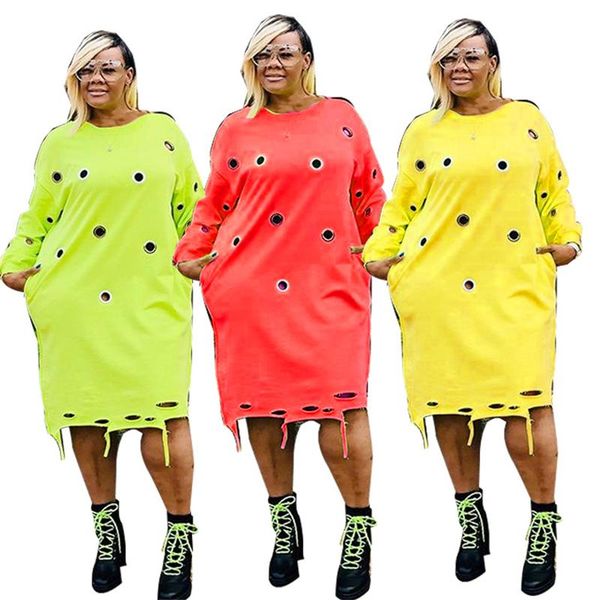 

plus size clothing for women xl-4xl long sleeve dress hollow out streetwear crew neck casual loose dress wholesale dropshipping, Black;gray