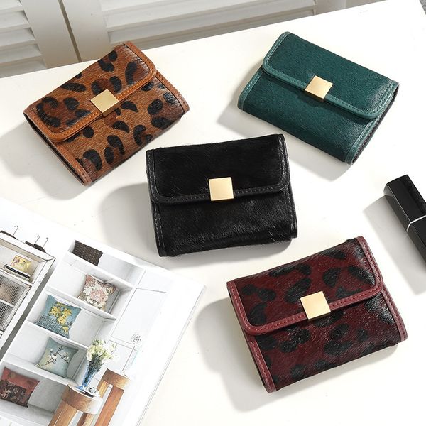

wallet real leather card clip horse hair lady bag lovely organ bit leopard print mini set zero ins, Red;black