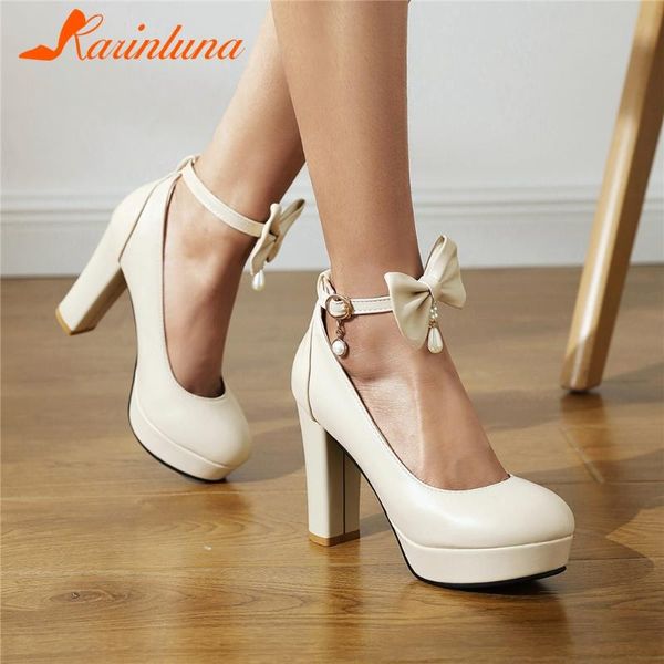 

dress shoes ladies butterfly-knot pumps ankle strap thick high heels woman party ol platform plus size 34-48, Black