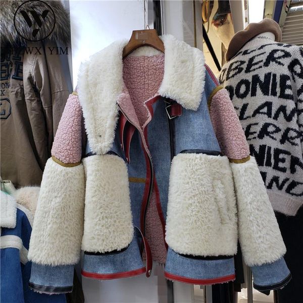 

women's fur & faux lamb wool jacket women streetwear thick warm winter fashion patchwork lambswool coat female loose coats, Black