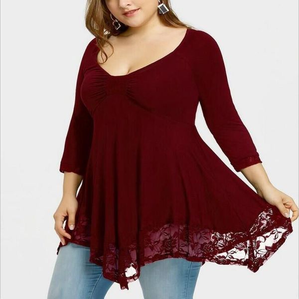 

summer new large size t-shirt 3xl 4xl 5xl 6xl 7xl bust 128cm women v-neck irregular lace hem stitching t-shirt, White