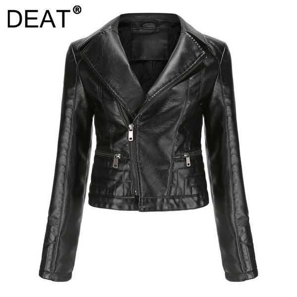 

women's leather & faux [deat] 2021 autumn winter fashion tide long sleeve turn-down collar solid color pu loose jacket women 13z1177, Black