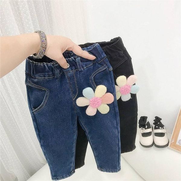 

trousers girls kids princess jeans pant warm winter children baby flower velvet thicken long pants adk664, Blue