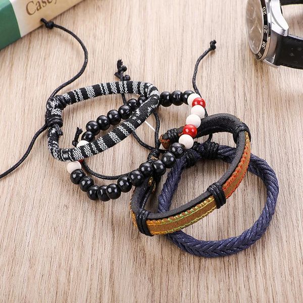 

eif dock 4pcs/set handmade fashion trendy vintage female femme homme male punk wood bead charm men leather bracelet f jllsim