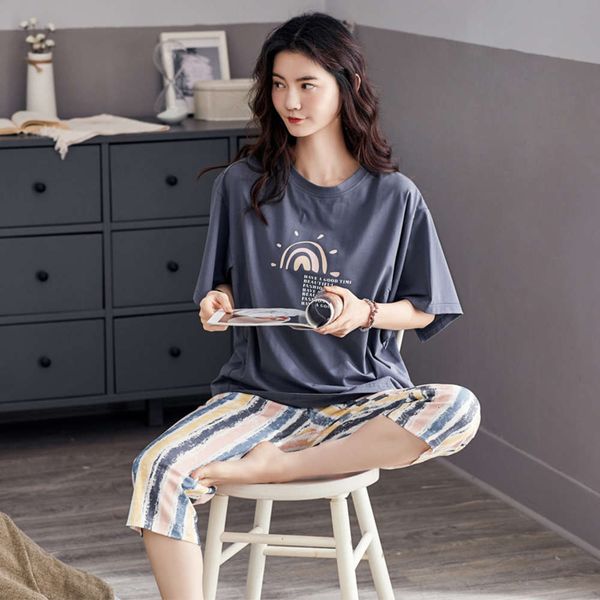 

pajamas women's summer cotton cute short sleeve capris fashion home clothes spring autumn winter korean thin two piece suit, Black;red