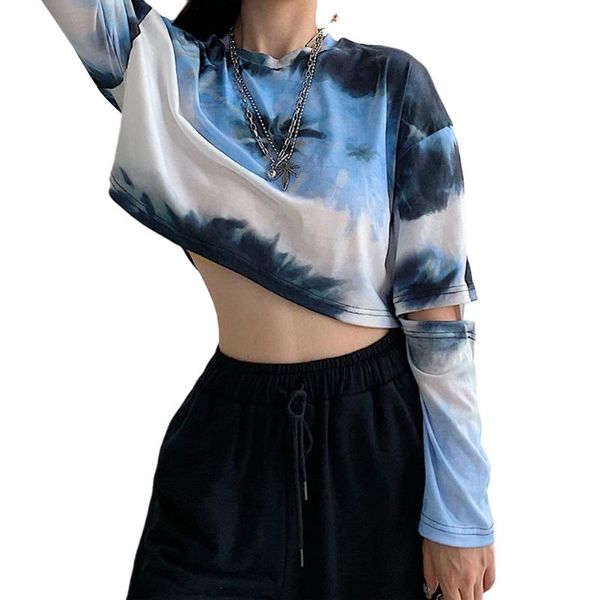 

women's hoodies & sweatshirts women casual tie dye round neck cut out long sleeve pullover crop autumn female loose short, Black