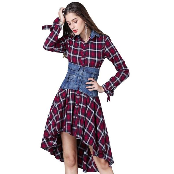 

2021 new arrival plaid spilicing denin turn down collar irregular lap cotton dress long sleeve check with belt fs1040, Black;gray
