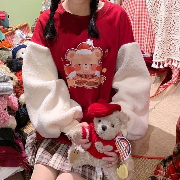 

deeptown kawaii hoodie 2021 fashion bear print sweatshirt women long sleeve cute splice plus veet jk pullover 3wdl, Black