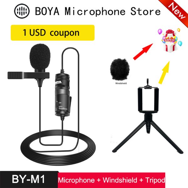 

microphones boya by-m1 lavalier microphone condenser compatible with dslr, youtube blog facebook live recording broadcast