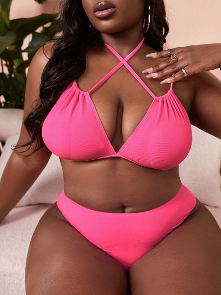 

plus solid criss cross bikini swimsuit o4od#, Black