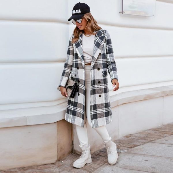 

women's wool & blends coat autumn winter long sleeve plaid jacket women lapel single breasted cardigan turndown collar, Black