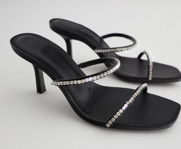 

sandals 2021 summer fashion women's shoes black square toe rhinestone accessories high heel