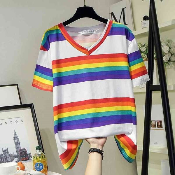 

summer t shirt women v-neck stripe color short sleeves loose plus size black white gray tee shirt femme 210604