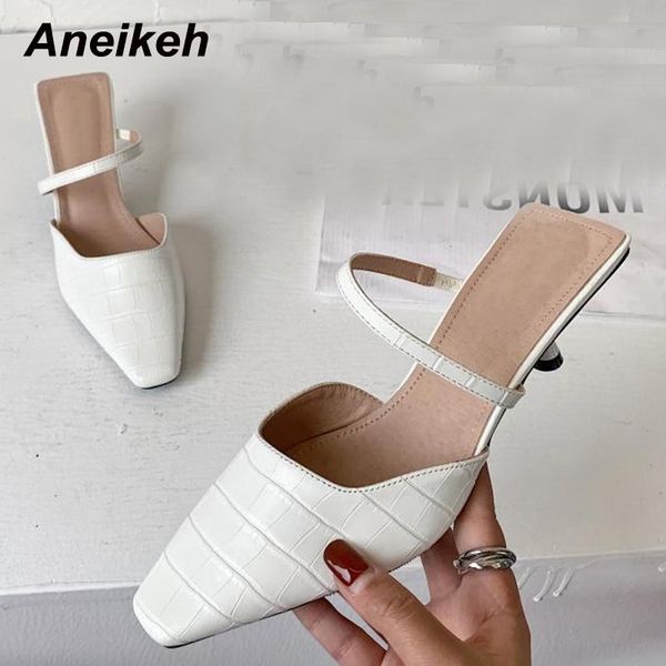 

aneikeh summer 2021 sapatos das mulheres basic pointed toe pu slippers stiletto heels solid concise shallow white size 35-39, Black