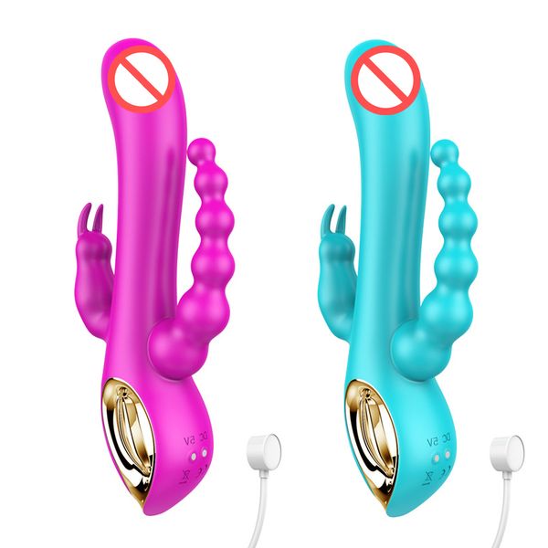 Stimolatore del clitoride del punto G del vibratore del coniglio di piacere triplo ricaricabile Spina anale Potente vibratore del dildo Giocattoli del sesso per la donna