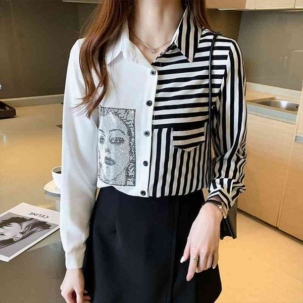

striped patchwork diamonds long sleeve womens blouses chic black woman blusa ol white spring autumn