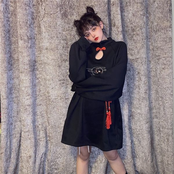 

black chinese style dress vintage long sleeve cartoon cheongsam qipao vestidos elegant party short robe femme dresses 11500, Red