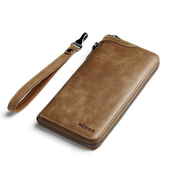 

genuine leather men's long wallet zipper open two-layer vintage multi pockets cards holder large capacity handbag, Red;black