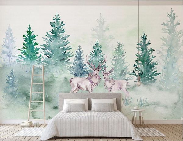 

xue su large custom mural wallpaper small fresh nordic style abstract wood elk hillside background wall covering
