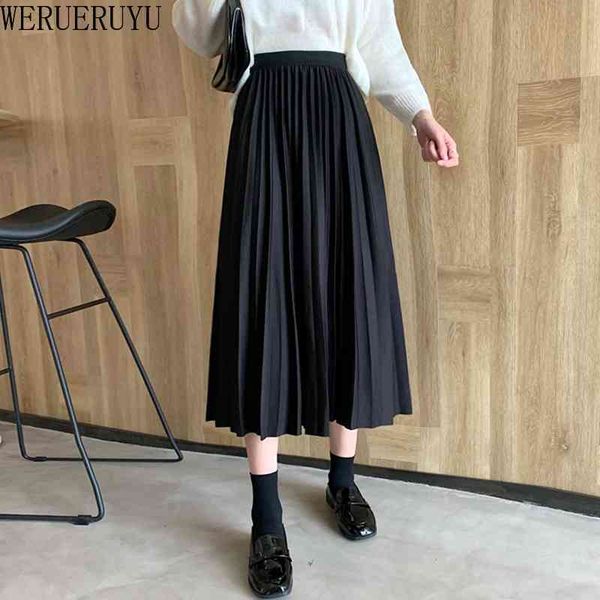 

werueruyu high waist women skirt casual vintage solid belted pleated midi skirts lady 5 colors fashion simple 210608, Black