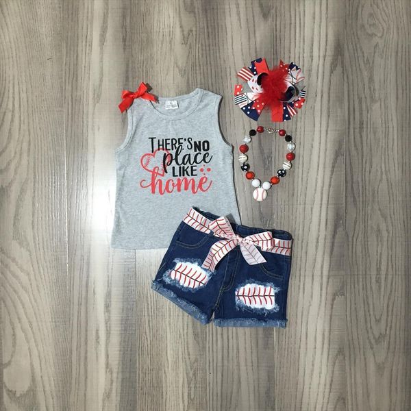 

summer baby girls sleeveless clothes boutique kids clothing baseball grey jeans shorts set outfit match accessories, White