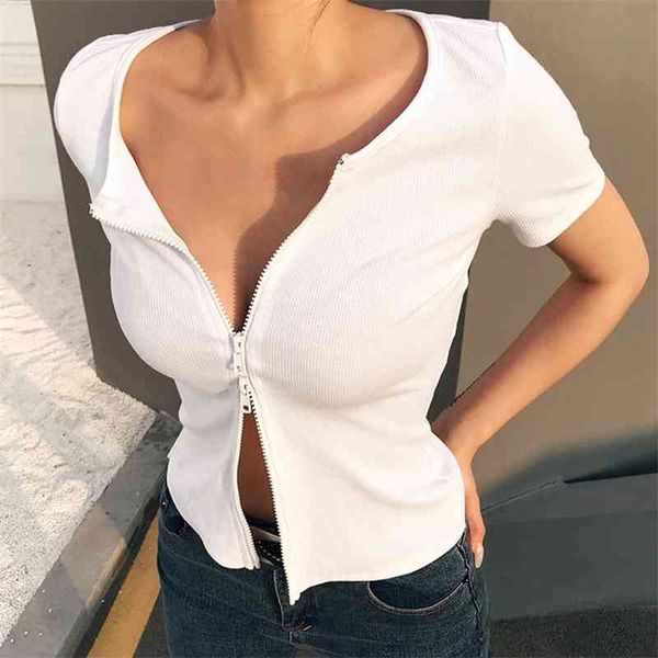 

women's knits & tees summer casual collar short-sleeved zipper t-shirt xrt3, White