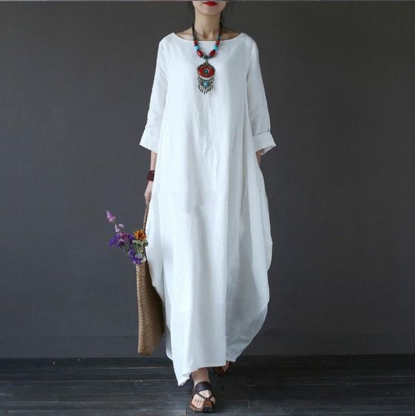 

casual dresses women's clothing spring summer cotton elegant lady pleated long white dress rounded collar irregular, Black;gray