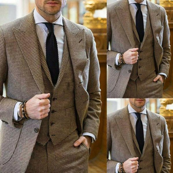 

khaki houndstooth 3 pieces set male fashion wedding suits for business work wear mens custom made tweed tuxedos jacket+vest+pant, White;black