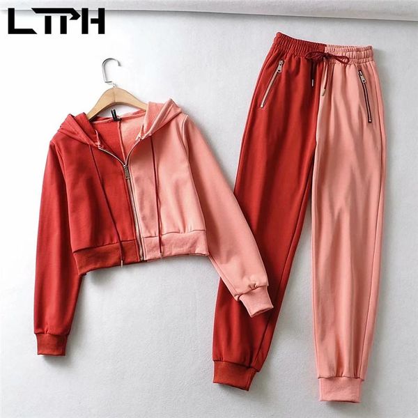 

ltph streetwear patchwork design women outfits tracksuit 2 piece set hooded zipper sweatshirt jogging pants sets 2021 spring new, White