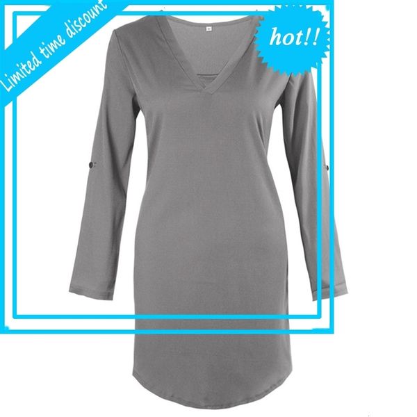 

chsdcsi chiffon summer irregular vestidos long mouwen v-neck new mini casual women loose elegant plus size jurk, Black