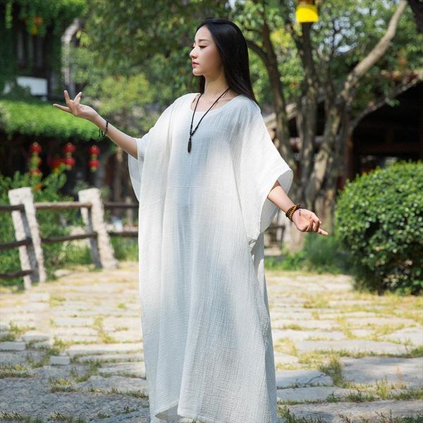 

summer cotton linen loose oversize womens dresses batwing sleeve robe casual big size, Black;gray