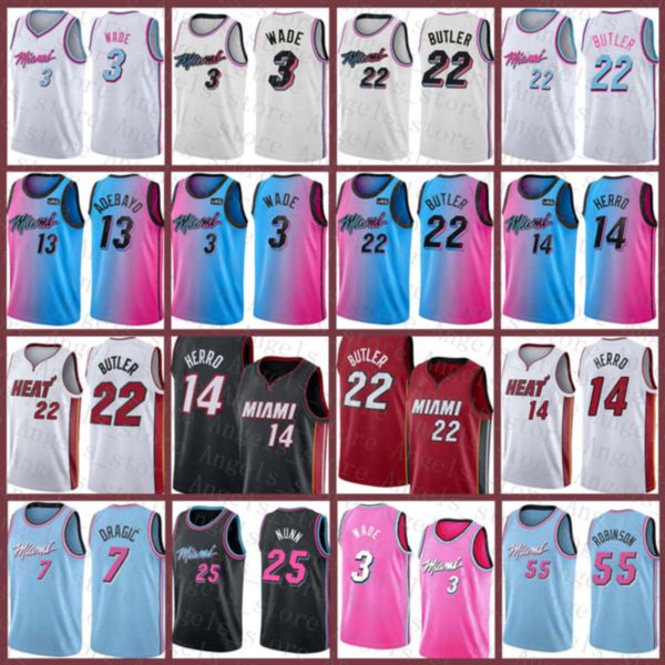 

dwayne dwyane 3 wade jimmy 22 butler tyler 14 herro bam 13 adebayo goran 7 dragic miami heat new men's basketball jersey 15 blu, Black;red