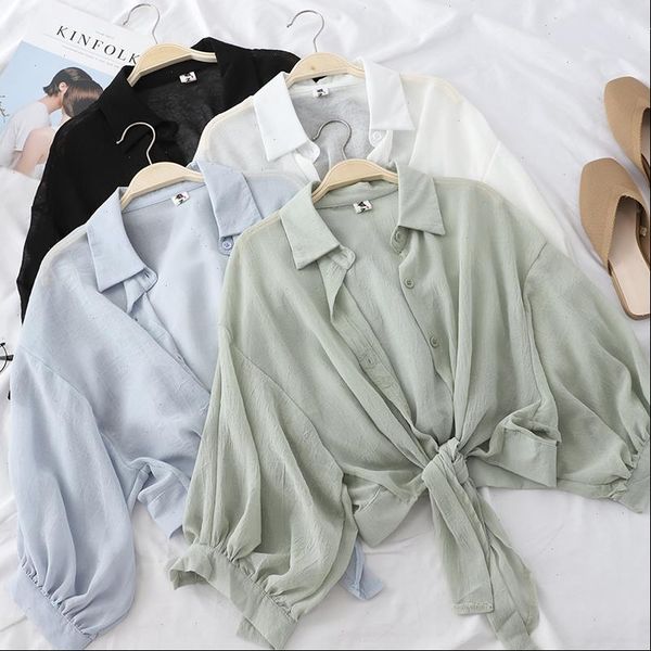 

hisuma women summer lantern sleeve front bandage strap chiffon shirt vintage short elastic slim cardigan button blouse, White