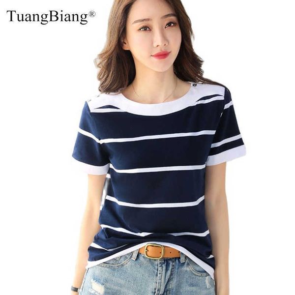 Lady 2021 летний синий белый полосатый с коротким рукавом хлопчатобумажная футболка женщины кнопка o-шеи элегантный плюс размер футболки женские моды вершины x0628