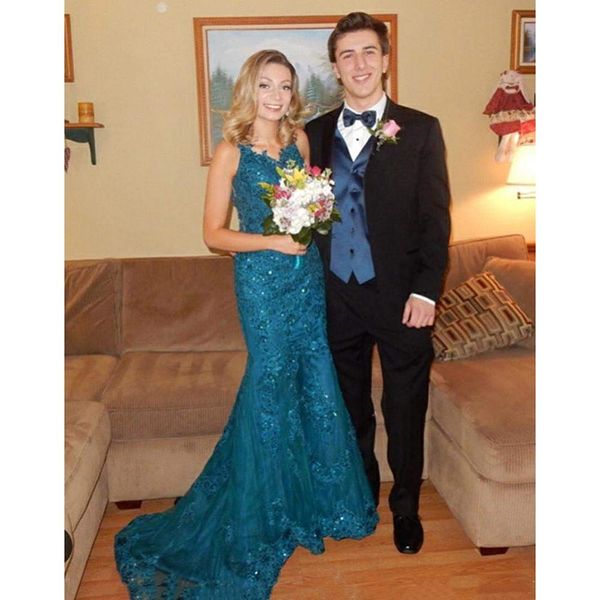 

mermaid long prom dresses spaghetti straps tulle lace applique sweep train formal party wear formal evening dresses, Black;red