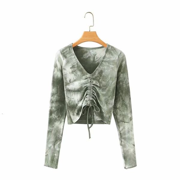 

2021 new tie-dye drawstring v-neck long sleeve crop t-shirt autumn elegant fashion slim female t shirt womens wjc3, White