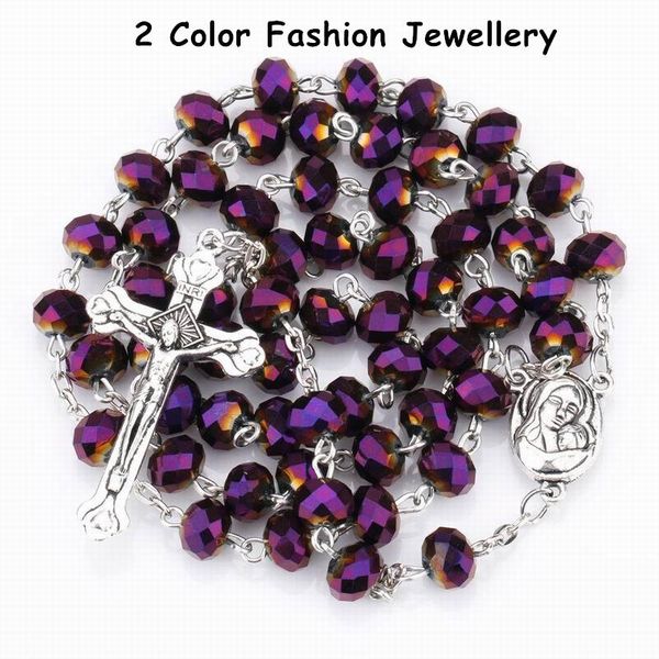

pendant necklaces multicolor purple handmade round bead chain virgin mary jesus cross rosary necklace fashion accessories present, Silver