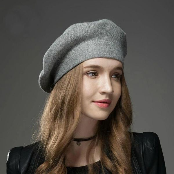 

berets women's hat fashion solid color wool knitted with rhinestones ladies french artist beanie beret, Blue;gray