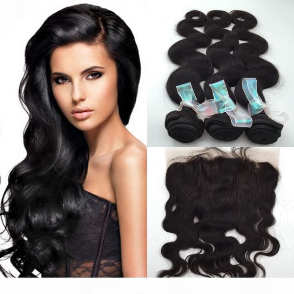 

13*4 lace frontal closure brazilian virgin hair body wave 3 bundles body wave with frontal closure 100% human hair, Black