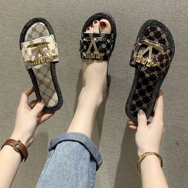 

official website 70% off outlet women luxury brand square toe leather flat sandals metal button decoration female outdoor beach casual slipp, Black