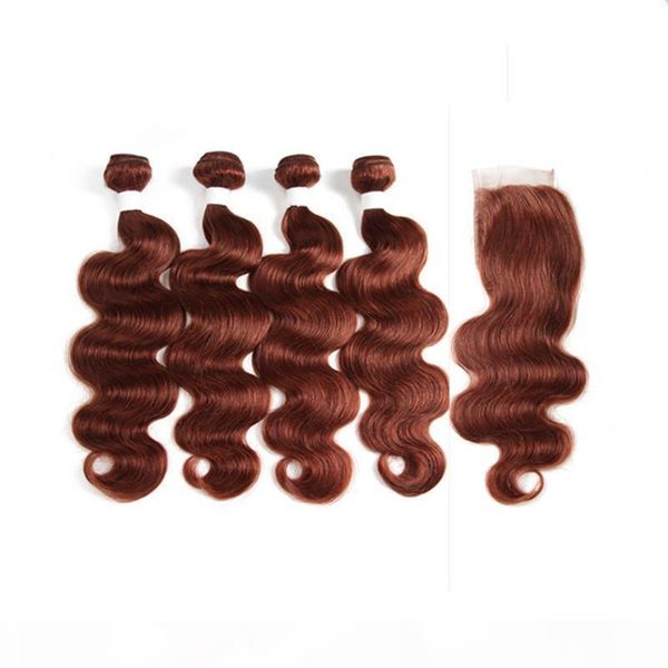 

dark auburn virgin human hair weaves with closure #33 copper red brazilian human hair bundles deals body wave with lace closure 4x4, Black;brown