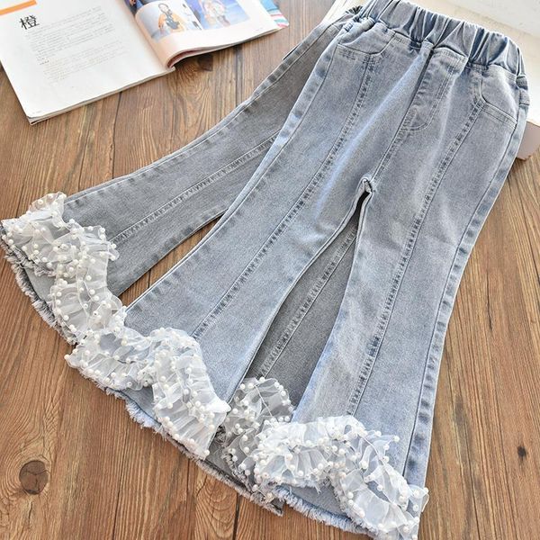 

jeans girls beaded lace long pants spring autumn kids girl denim pant trousers children clothes 4-14age, Blue