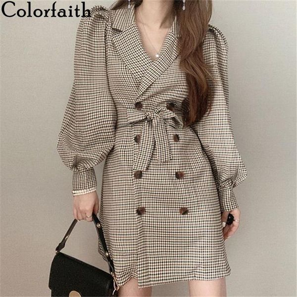 

women's suits & blazers colorfaith 2021 autumn winter jackets plaid vintage oversized lady puff sleeve lace up checkered jk0122, White;black