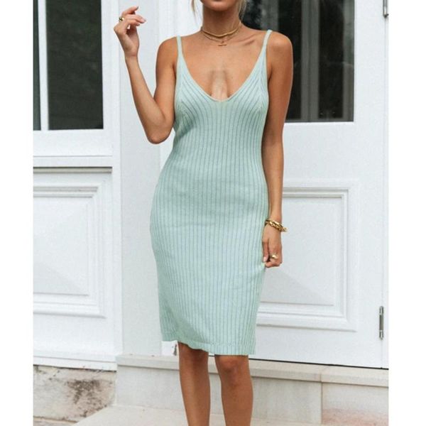 

casual dresses jaycosin knee-length dress knitted elastic sleeveless bodycon elegant women 2021 summer v-neck party slim vestidos, Black;gray