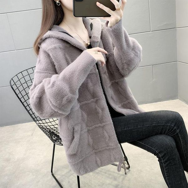 

women's knits & tees women 2021 autumn winter fashion imitation mink velvet coats female hooded sweater jackets ladies knit cardigan ou, White