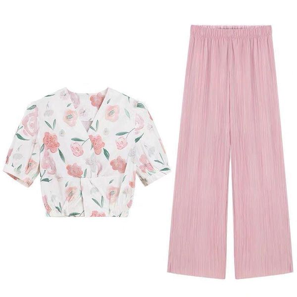 

women's two piece pants women summer suit] 2021 female two-piece suit thin floral lapel shirt + casual fashion pink wide-leg, White